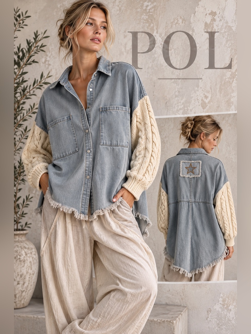 POL Light Blue Denim Boyfriend Jacket with Cream Cable Sleeves Mixed media M